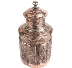 Carved Floral  Copper Cylindrical Storage Jar With Lid Finial