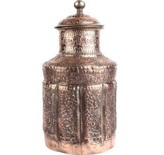 Carved Floral  Copper Cylindrical Storage Jar With Lid Finial