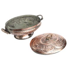 Copper Bowl With Handles in Floral And Leaf Motifs With Knob On Lid