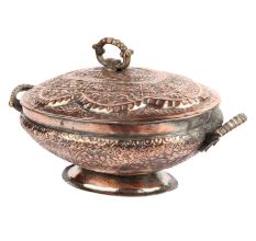 Copper Bowl With Handles in Floral And Leaf Motifs With Knob On Lid