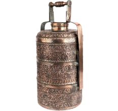 Copper Repousse Floral Motifs Vines Three Tier Lunch Box