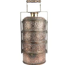 Embossed Copper Lunch Box Floral Motif Design 4 Tier Food Container