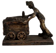 Brass Miner Statue  Pushing Coal On Wooden Plinth