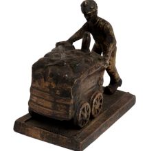 Brass Miner Statue  Pushing Coal On Wooden Plinth