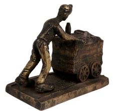 Brass Miner Statue  Pushing Coal On Wooden Plinth