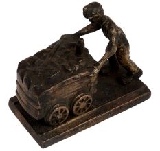 Brass Miner Statue  Pushing Coal On Wooden Plinth
