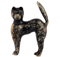 Black Cat In Brass Figurine Statue With Golden Decoration