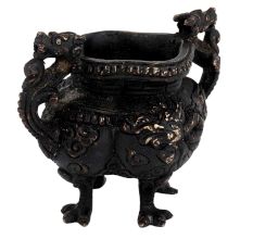 Brass Chinese Design Planter Burner Pot In Black Polish