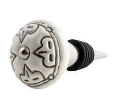 Cream Etched Floral Ceramic Wine Bottle Stopper