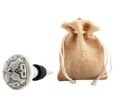 Cream Etched Floral Ceramic Wine Bottle Stopper