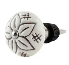 Cream Etched Floral Ceramic Wine Bottle Stopper