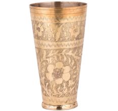Brass Lassi Glass With Indian Flower Carved along With Leaves Design