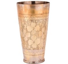 Brass Lassi Glass With Four Small Flowers And Band With Flowers On the Rim