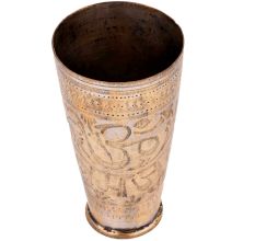 Brass Lassa Glass With Carved Aum And Hindi Text And Leaves
