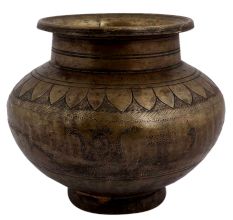 Brass Holy Water Pot With God Image And Floral Border