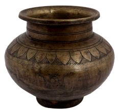 Brass Holy Water Pot With God Image And Floral Border