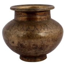 Old Brass Pot With Faded Design Used For Worship