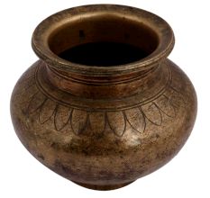 Old Brass Pot With Faded Design Used For Worship