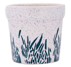 White Ceramic Pot For Indoor Plants With Hand Painted Leaves