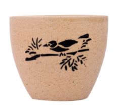 Beige Ceramic Pot With Hand painted Black Bird On Branch
