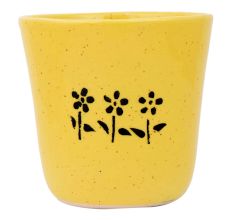 Yellow Ceramic Pot With Hand painted Black Flowers