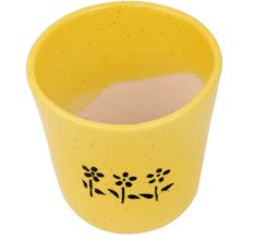 Yellow Ceramic Pot With Hand painted Black Flowers
