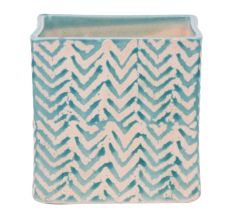 Square Ceramic Pot With Blue Chevron Zig Zag Pattern