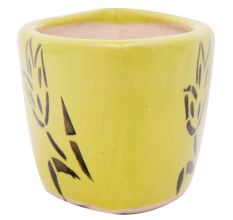 Oval Shape Yellow Ceramic Pot With Hand painted Black Flowers