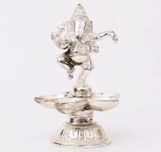 Brass Dancing Ganesha Statue With Five Diyas In Nickel Finish