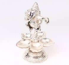 Brass Dancing Ganesha Statue With Five Diyas In Nickel Finish