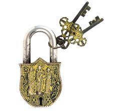 Brass Padlock Ram Durbar With 2 Decorative Keys Painted With Yellow Color