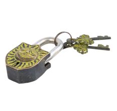 Brass Padlock Engraved Yellow Hindu Sun God Lock With 2 Keys