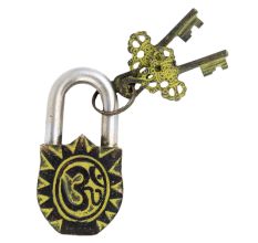 Brass Padlock Engraved Yellow Hindu Sun God Lock With 2 Keys