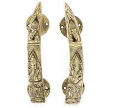 Brass Tusker Style Door Handles Carved With Lord Ganesha In Pair