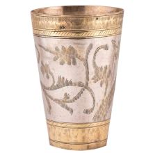 Brass Lassi Serving Glass With Golden Borders And Leaf Pattern