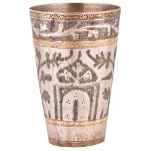 Faded Mogul Design Carved Brass Lassi Glass