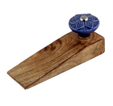 Navy Blue Wheel Flower Ceramic Wooden Door Stopper