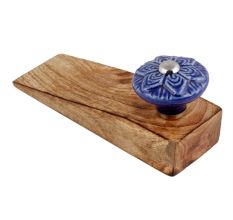 Navy Blue Wheel Flower Ceramic Wooden Door Stopper