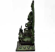 Handmade Black Brass Goddess Lakshmi Statue With Prabhavali Sitting On Sihashan