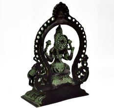 Handmade Black Brass Goddess Lakshmi Statue With Prabhavali Sitting On Sihashan
