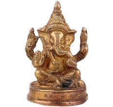 Handmade Golden Brass Lord Ganesha Blessing Religious Statue