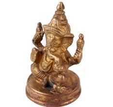 Handmade Golden Brass Lord Ganesha Blessing Religious Statue