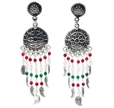 Handmade Oxidized Silver Fringe Earrings With Flowers and Stones