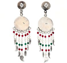 Handmade Oxidized Silver Fringe Earrings With Flowers and Stones