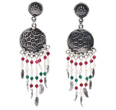 Handmade Oxidized Silver Long Drop Dangle Earrings Embellished With Red And Green Beads