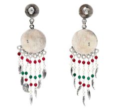 Handmade Oxidized Silver Long Drop Dangle Earrings Embellished With Red And Green Beads