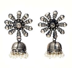 HandmadeÂ Oxidized Silver Jhumki Jhumka Earrings For Women With Sun Shape Stud
