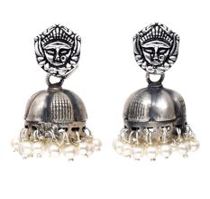 Handmade Oxidized Silver Goddess Durga Face Jhumki Earrings With Stones