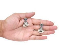 Handmade Oxidized Silver Goddess Durga Face Jhumki Earrings With Stones