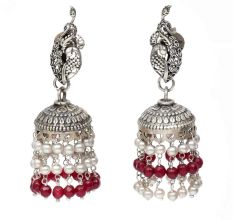 Handmade Oxidized Silver Peacock Jhumki Earrings With Stones